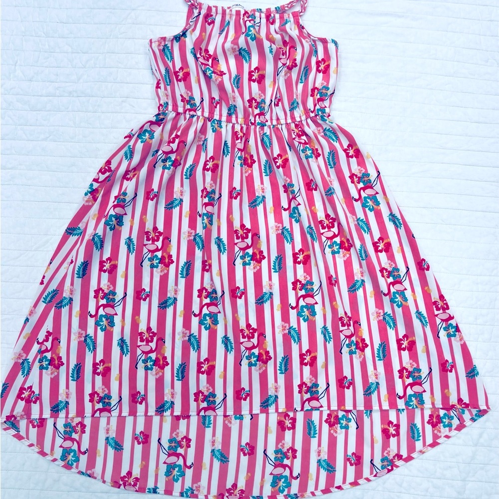 Girls pink and white striped floral dress- size 10